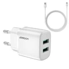 Joyroom 2.4A Dual USB-A Charger with Fast Charging – Includes USB Type-C Cable – White