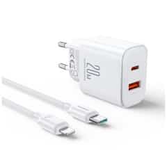 Joyroom 20W PD+QC Ladegerät inklusive USB-C-zu-USB-C-Kabel – 1 Meter – Weiß