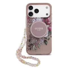 Guess IML Flowers MagSafe Case with Lanyard for iPhone 17 Pro Max and iPhone 18 Pro Max – Pink