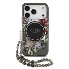 Guess IML Flowers iPhone 17 Pro / 18 Pro Case – With MagSafe and Lanyard – Black