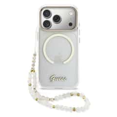 Guess IML Glitter Script Strap MagSafe Case for iPhone 17 Pro Max and iPhone 18 Pro Max – Clear