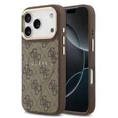 Guess PU Leather 4G Gold Frame MagSafe Hoesje iPhone 17 Pro – Bruin