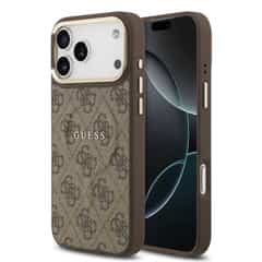 Guess PU Leather 4G Gold Frame MagSafe Case for iPhone 17 Pro Max and iPhone 18 Pro Max – Brown