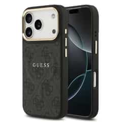 Guess PU Leather 4G Gold Frame MagSafe Hoesje iPhone 17 Pro / 18 Pro – Zwart