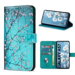 Solidenz Bookcase Case for Samsung Galaxy A57 – Blue (Cherries) – Faux leather, 3 card slots, magnetic closure, stand