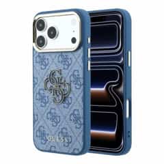 Guess PU 4G Resin Metal Logo Back Cover for iPhone 17 Pro and iPhone 18 Pro, Blue
