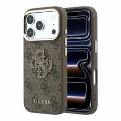 Guess PU 4G Resin Metal Logo backcover voor iPhone 17 Pro en iPhone 18 Pro – Bruin