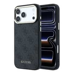 Guess PU Leather 4G Gold Frame MagSafe Hoesje iPhone 18 Pro / 17 Pro – Zwart
