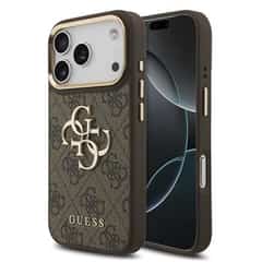 Guess PU Leather 4G Metal Logo Gold Frame Case for iPhone 18 Pro / 17 Pro – Brown