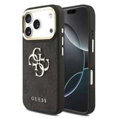 Guess PU Leather 4G Metal Logo Gold Frame Case for iPhone 18 Pro / 17 Pro – Black