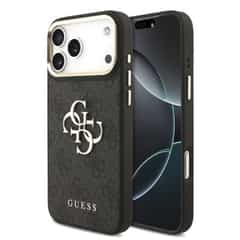 Guess PU Leather 4G Metal Logo Gold Frame Case for iPhone 18 Pro Max / 17 Pro Max – Black