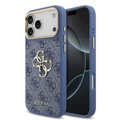 Guess PU Leather 4G Metal Logo Gold Frame Case for iPhone 18 Pro Max / 17 Pro Max – Blue