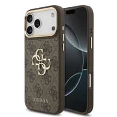 Guess PU Leather 4G Metal Logo Gold Frame Case for iPhone 18 Pro Max / 17 Pro Max – Brown