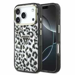Guess IML Glitter Leopard Triangle Logo MagSafe Case for iPhone 18 Pro Max, Black