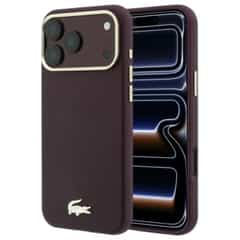 Lacoste Champs-Élysées Faux Leather MagSafe Back Cover with Gold Logo for iPhone 17 Pro and iPhone 18 Pro, Burgundy