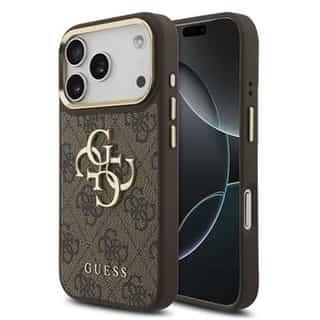 Guess PU Leather 4G Metal Logo Gold Frame Case for iPhone 18 Pro / 17 Pro – Brown