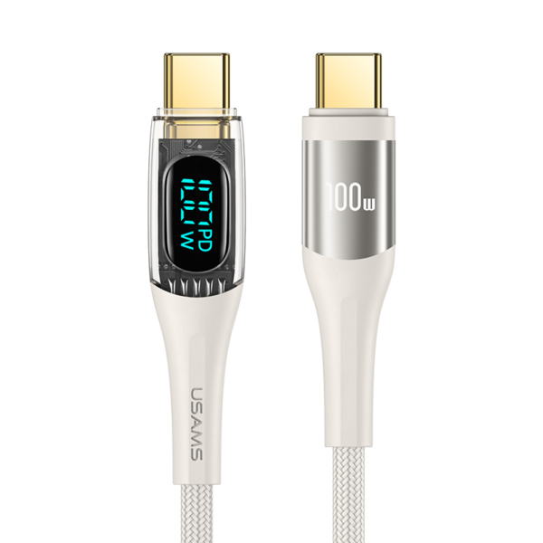 USAMS 100W USB-C to USB-C Cable 1.2m - Digital Display - Beige