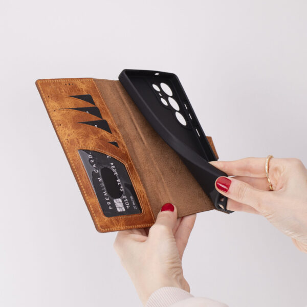 Solidenz Moda Book Samsung Galaxy S25 Ultra echt leren hoesje - Lichtbruin - Afbeelding 6