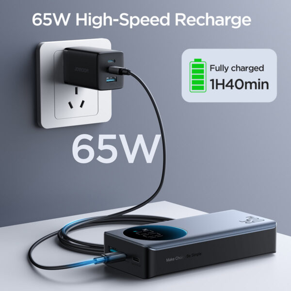 Joyroom 65W Digital Display Snellader Power Bank - 20000 mAh inclusief 100W USB-C Kabel - Zwart - Afbeelding 6