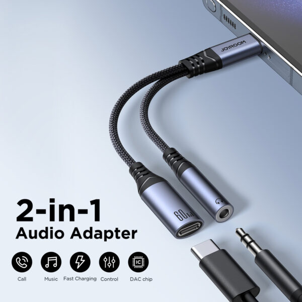 Joyroom 2-in-1 Audio adapter USB-C to 3.5mm and USB-C to USB-C - NOT suitable for iPhones - Black - Image 3