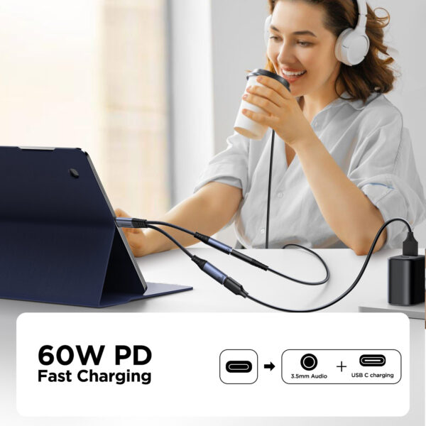 Joyroom 2-in-1 Audio adapter USB-C to 3.5mm and USB-C to USB-C - NOT suitable for iPhones - Black - Image 4