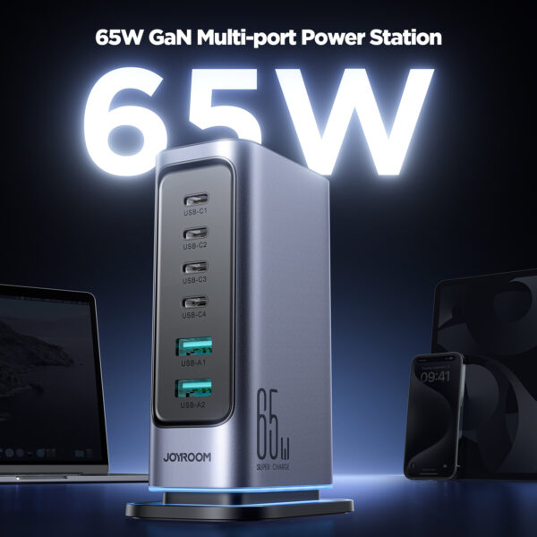Joyroom - 65W Charging Station with USB 3.0 and USB C - Desktop Adapter - Multi Port Docking Station - Gray - Image 2