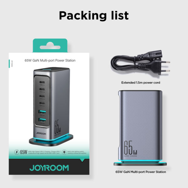 Joyroom - 65W Charging Station with USB 3.0 and USB C - Desktop Adapter - Multi Port Docking Station - Gray - Image 8