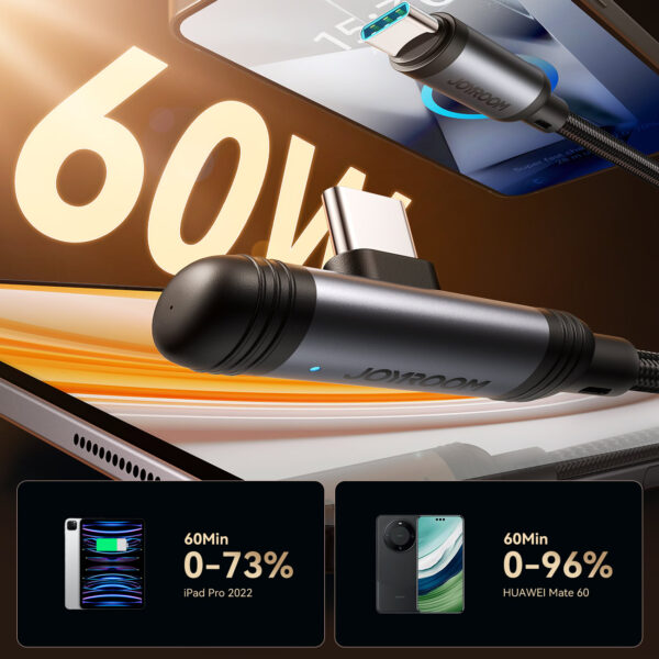 Joyroom USB‑C naar USB‑C Kabel 60 W - 1.2 m Vinkeldesign met Display - Nylon Gevlochten - PD snellader - Gaming kabel - Afbeelding 2