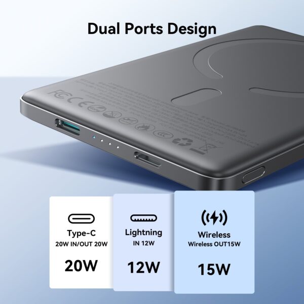 Joyroom 20W Ultra-Slim Metalen Power Bank - Magsafe en draadloos - 5000 mAh Inclusief 60W USB-C Kabel - Space Grey - Afbeelding 6
