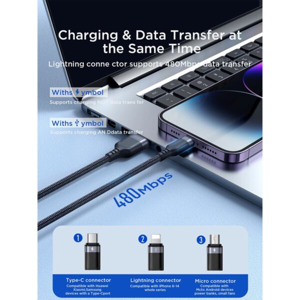 Joyroom Multi-Use 3.5A 3-in-1 Kabel - USB-A naar Lightning en Type-C en Micro-USB - 1,2 m - Zwart - Afbeelding 11