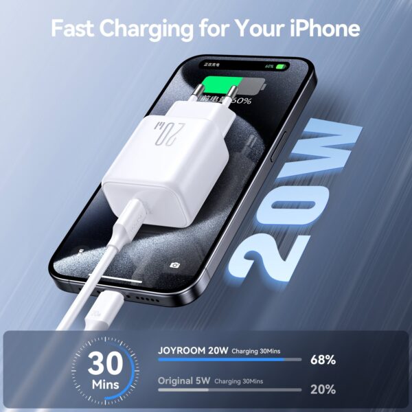 Joyroom – USB‑C PD 20W snellader + USB‑C naar Lightning kabel 1 meter – Wit - Afbeelding 3