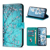 Solidenz Bookcase Case for Samsung Galaxy A57 – Blue (Cherries) – Faux leather, 3 card slots, magnetic closure, stand