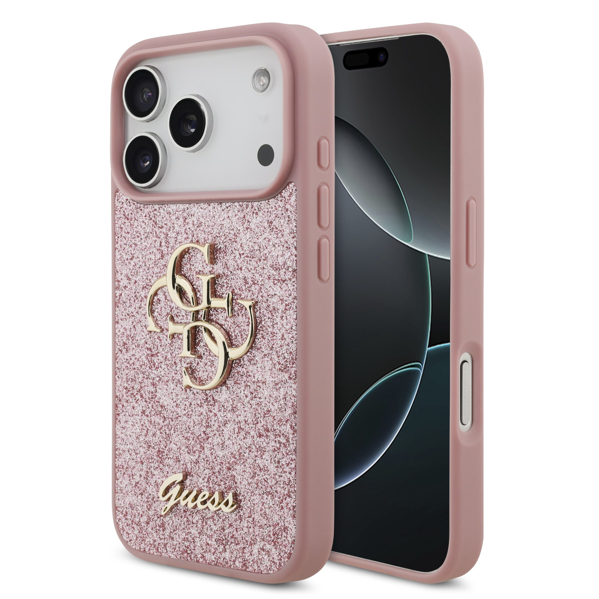 Guess PU Fixed Glitter 4G Metal Frame Hoesje iPhone 18 Pro / 17 Pro - Roze