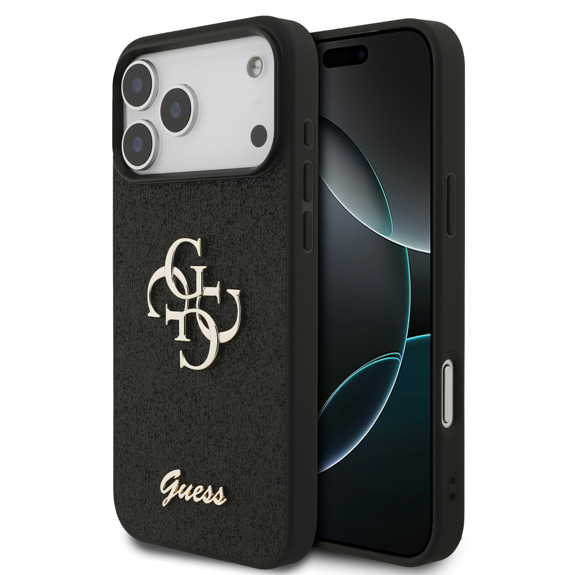 Guess PU Fixed Glitter 4G Metal Frame Hoesje iPhone 18 Pro Max / 17 Pro Max - Zwart