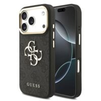 Guess PU Leather 4G Metal Logo Gold Frame Case for iPhone 18 Pro / 17 Pro – Black