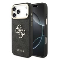 Guess PU Leather 4G Metal Logo Gold Frame Case for iPhone 18 Pro Max / 17 Pro Max – Black