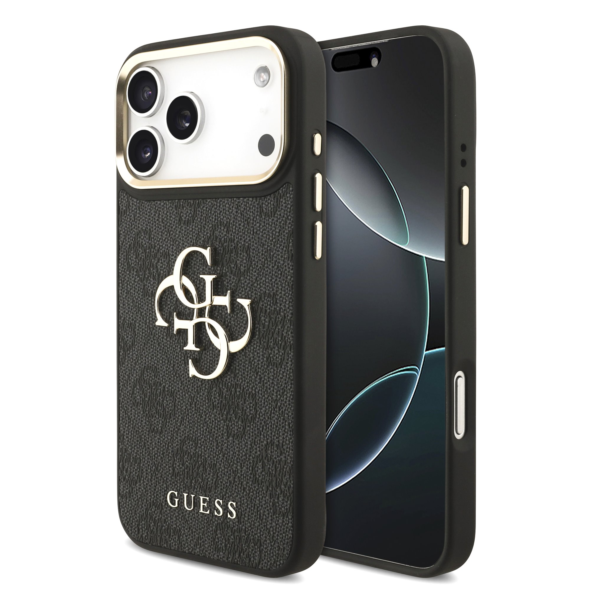 Guess PU Leather 4G Metal Logo Gold Frame Hoesje iPhone 18 Pro Max / 17 Pro Max - Zwart