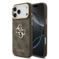 Guess PU Leather 4G Metal Logo Gold Frame Case for iPhone 18 Pro Max / 17 Pro Max – Brown