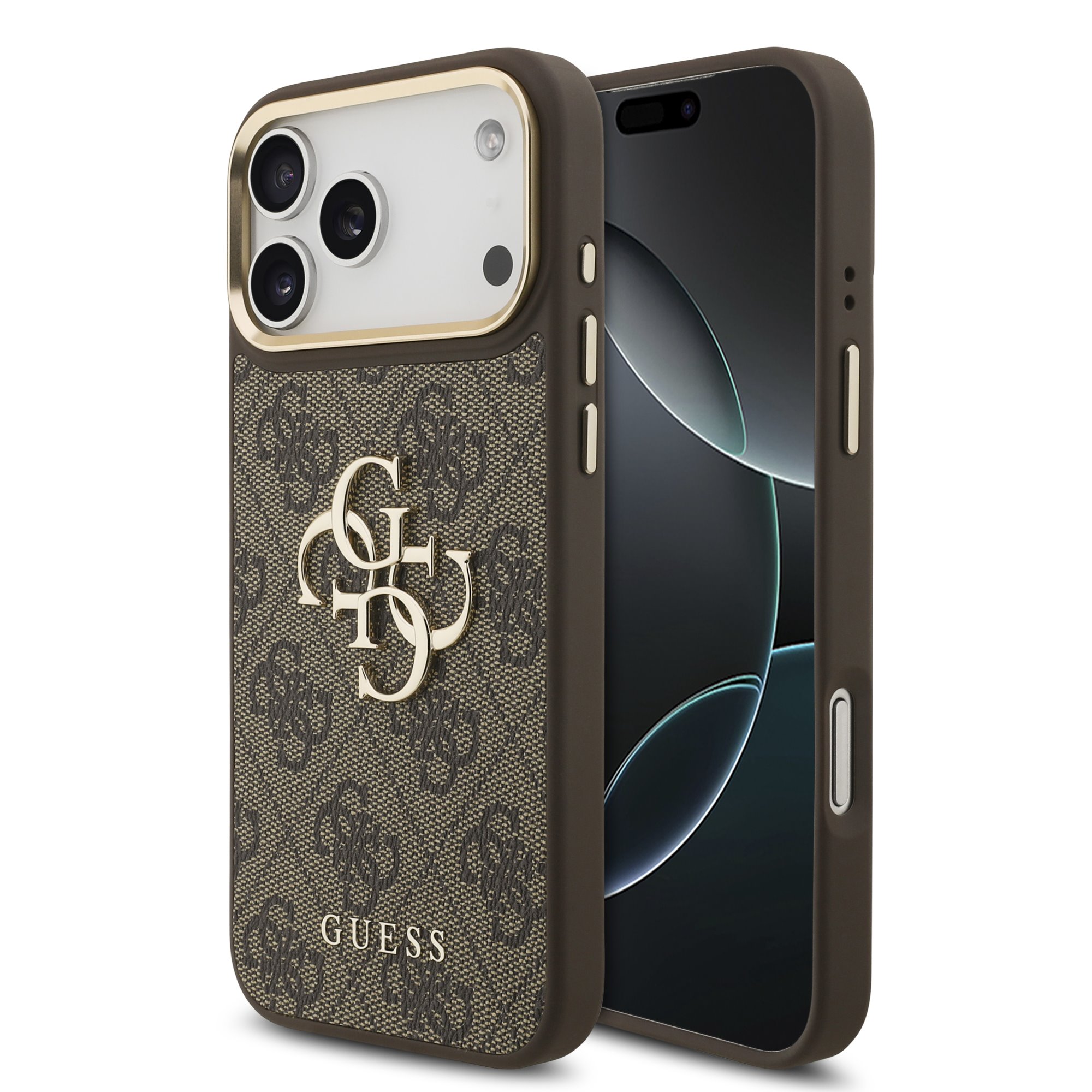 Guess PU Leather 4G Metal Logo Gold Frame Hoesje iPhone 18 Pro Max / 17 Pro Max - Bruin